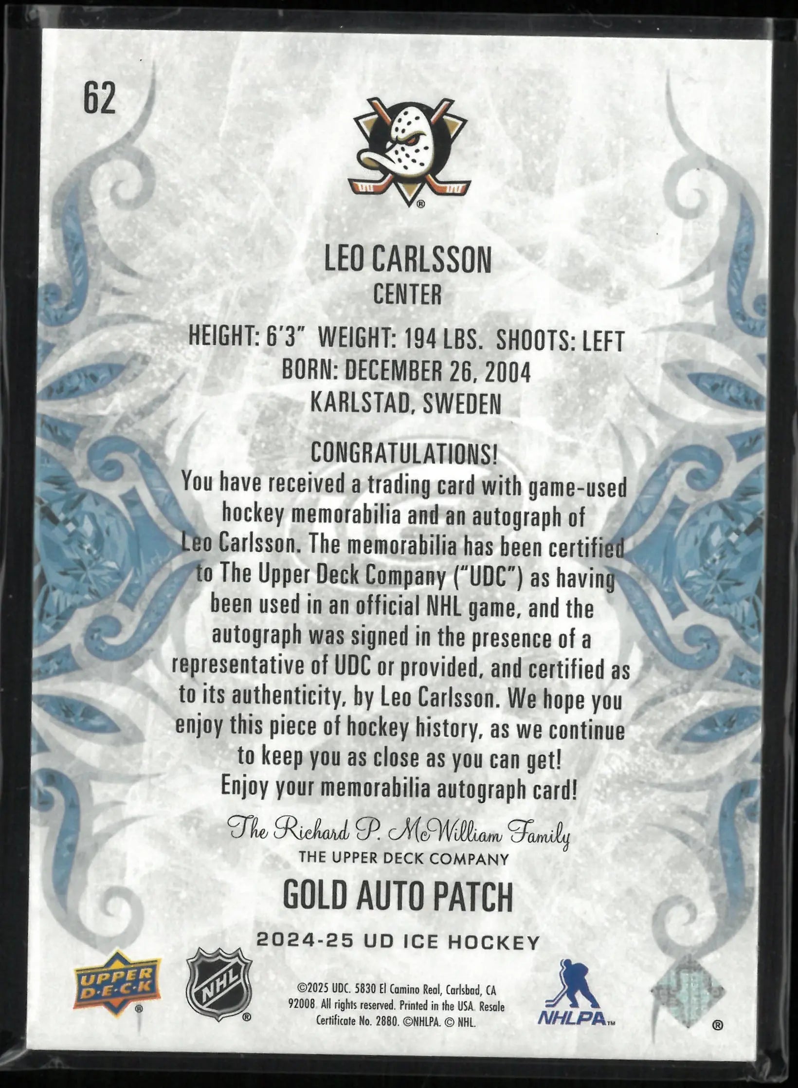 2024-25 Upper Deck Ice Gold Autograph Patch Leo Carlsson Auto 
