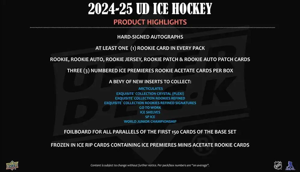2024-25 Upper Deck Ice Hockey Hobby Single Pack Sales 