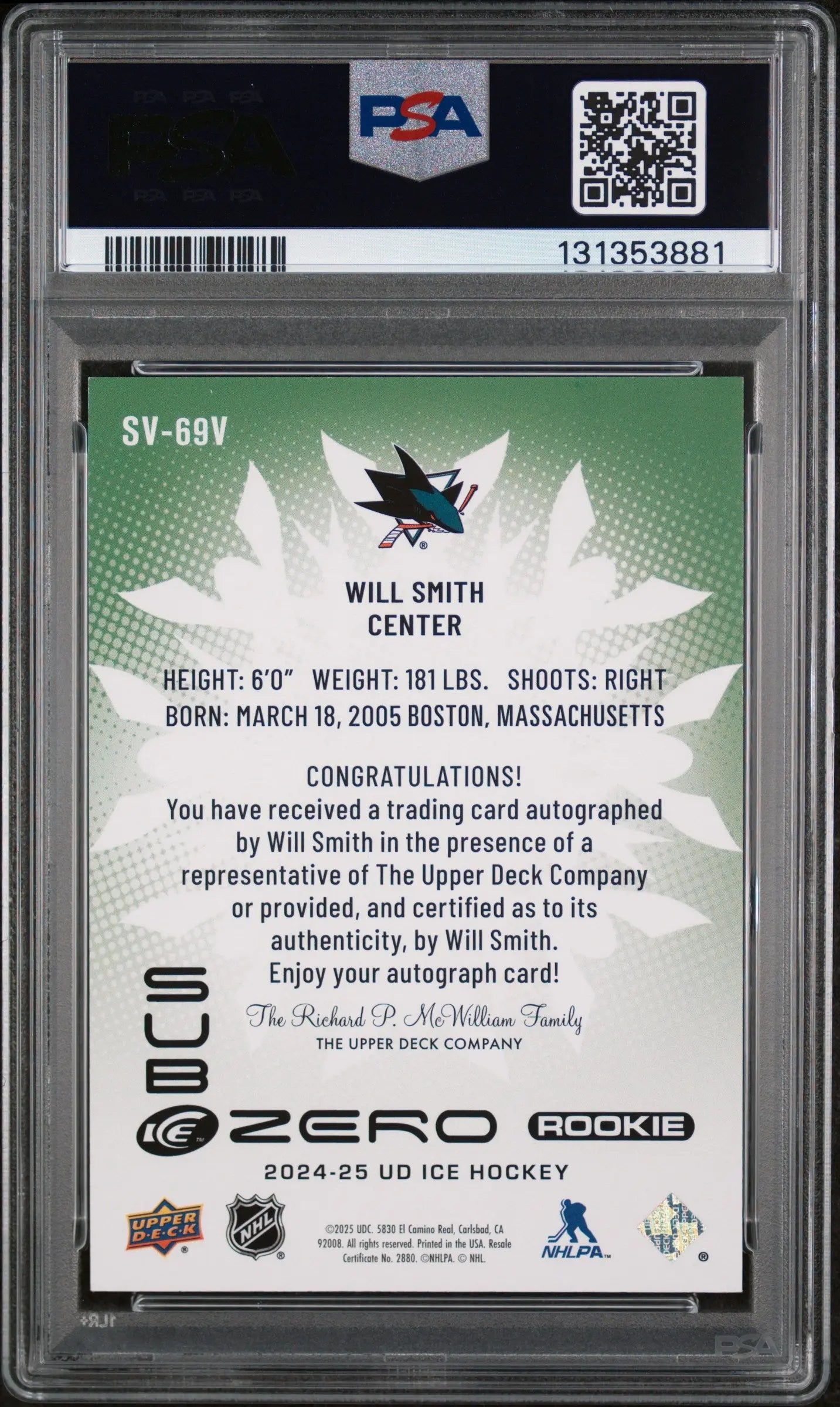 2024-25 Upper Deck Ice Sub Zero Rookie Variants Gold Auto Will Smith /25 PSA 9 