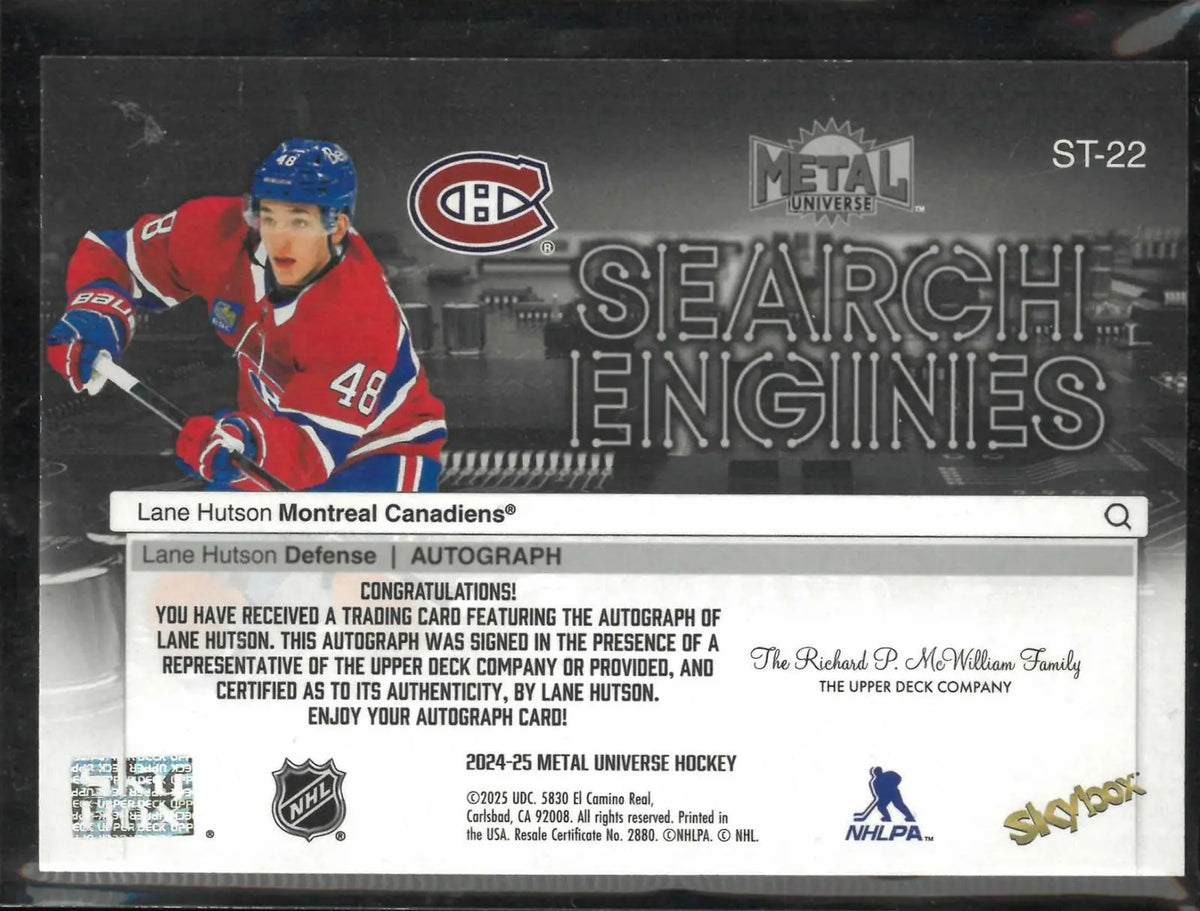 2024-25 Upper Deck Metal Universe Search Engines Autograph Rookie Lane Hutson RC 