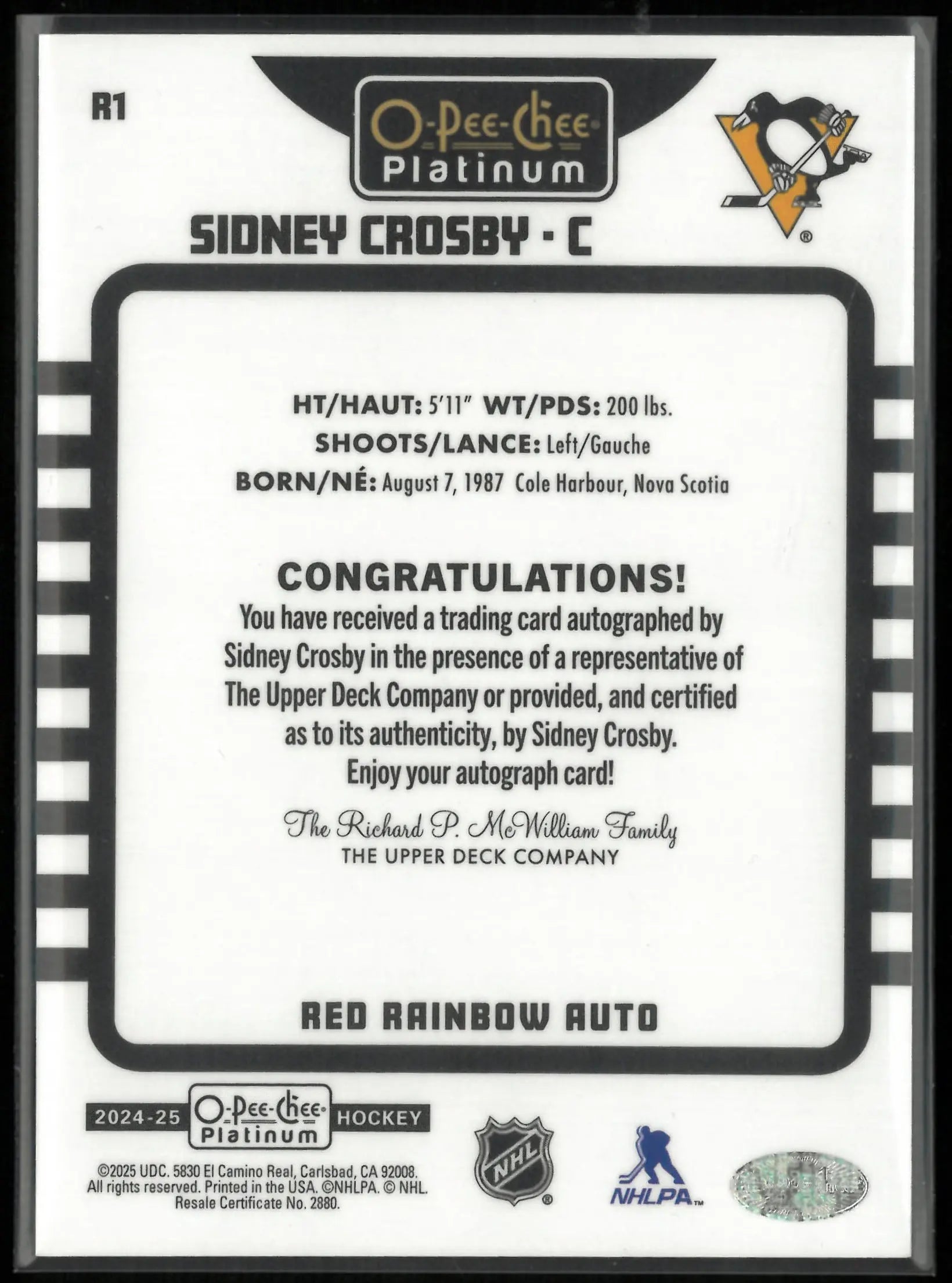 2024-25 Upper Deck O-Pee-Chee Platinum Autograph Sidney Crosby Red Auto Rainbow 