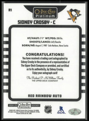 2024-25 Upper Deck O-Pee-Chee Platinum Autograph Sidney Crosby Red Auto Rainbow 