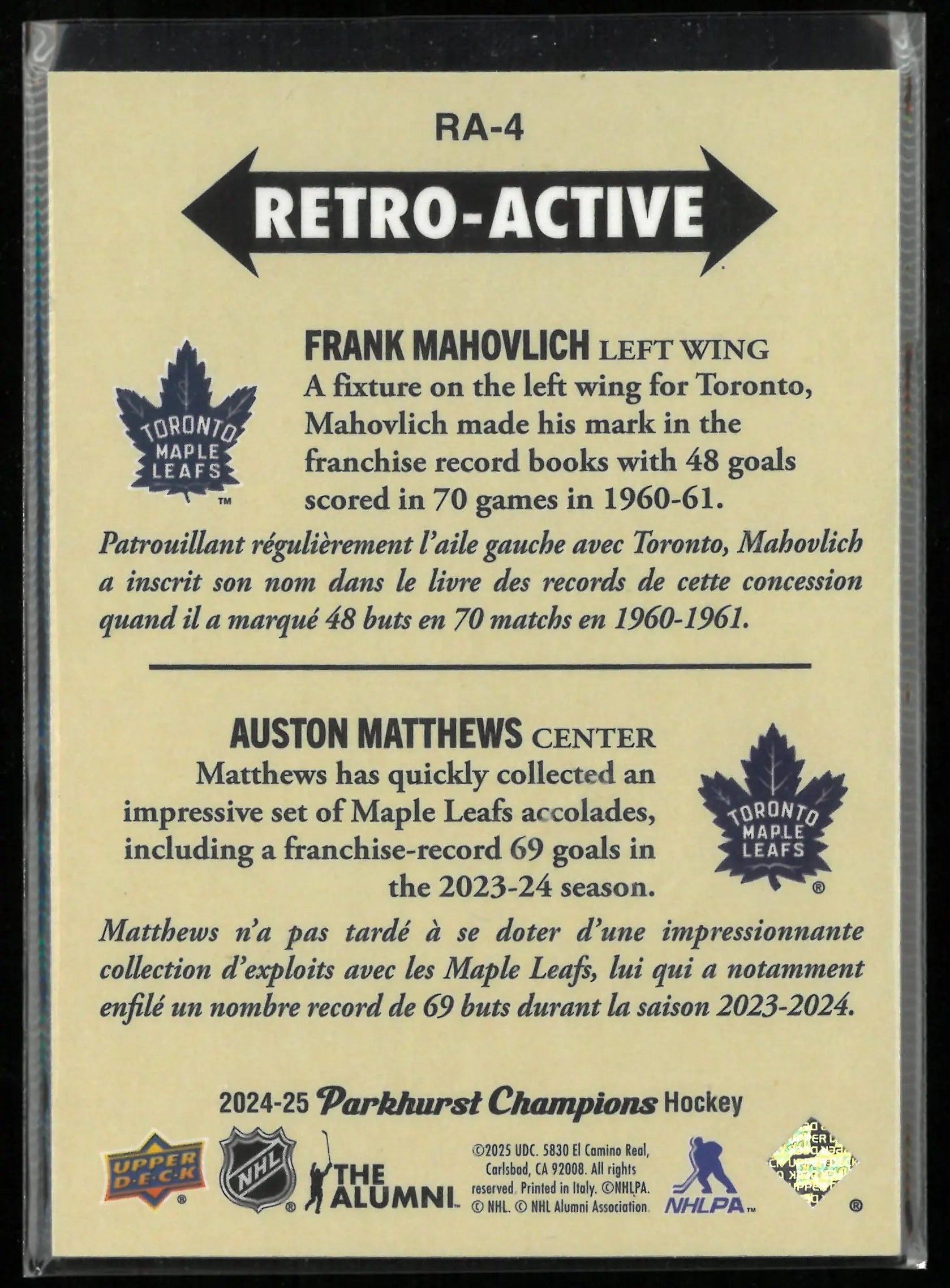 2024-25 Upper Deck Parkhurst Champions Retro-Active Auston Matthews/Mahovlich 