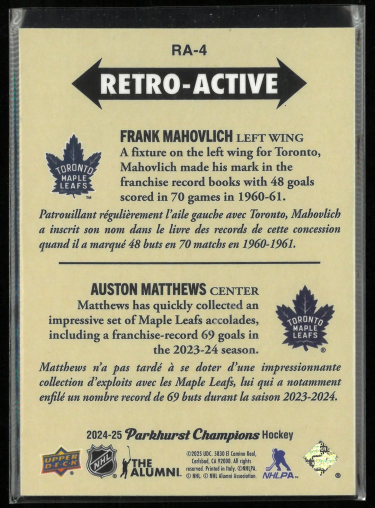 2024-25 Upper Deck Parkhurst Champions Retro-Active Auston Matthews/Mahovlich 