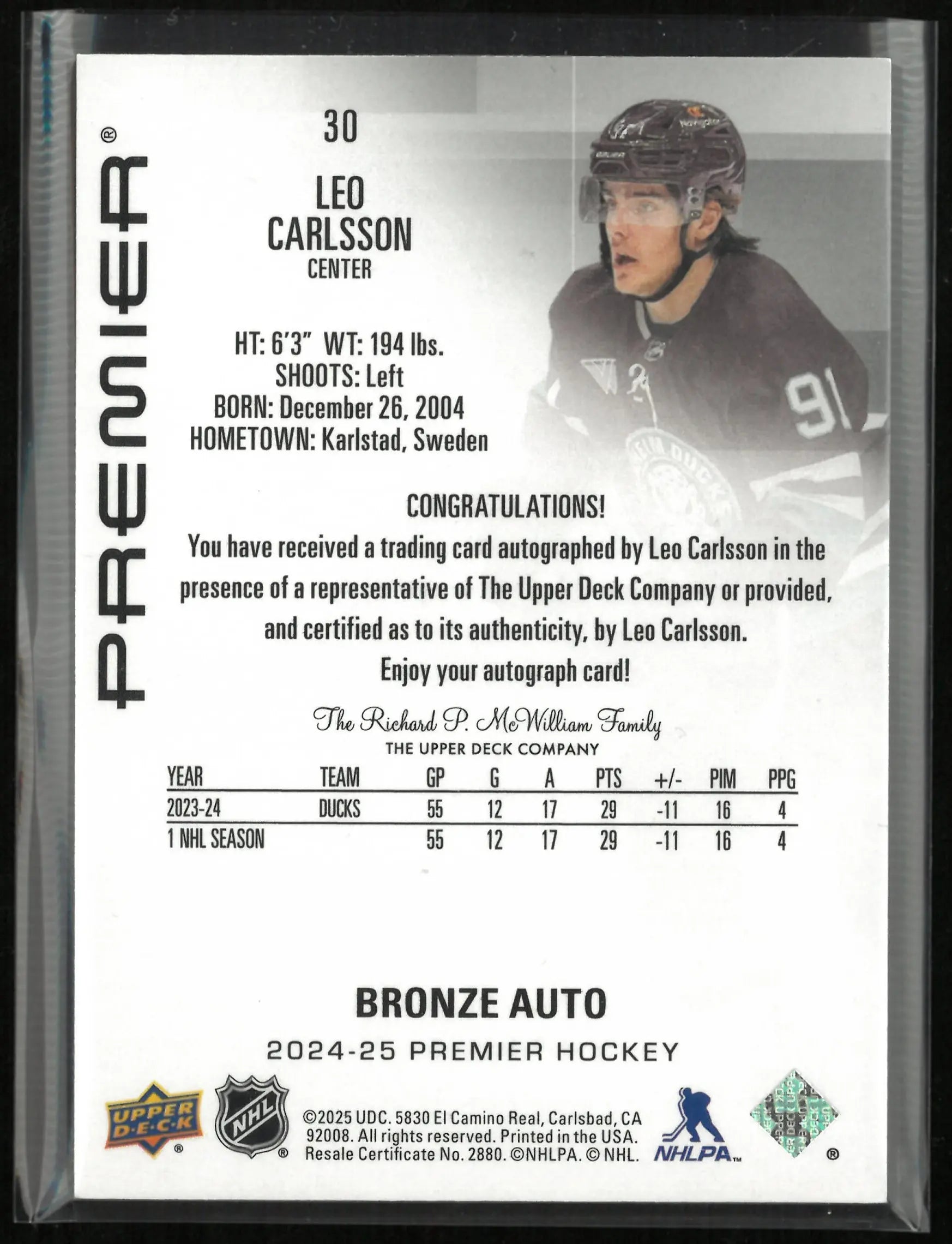2024-25 Upper Deck Premier Bronze Auto Leo Carlsson Autograph 