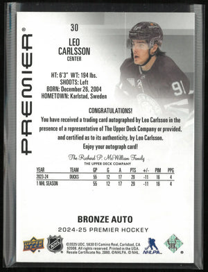 2024-25 Upper Deck Premier Bronze Auto Leo Carlsson Autograph 