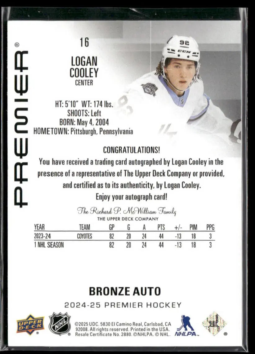 2024-25 Upper Deck Premier Bronze Auto Logan Cooley 