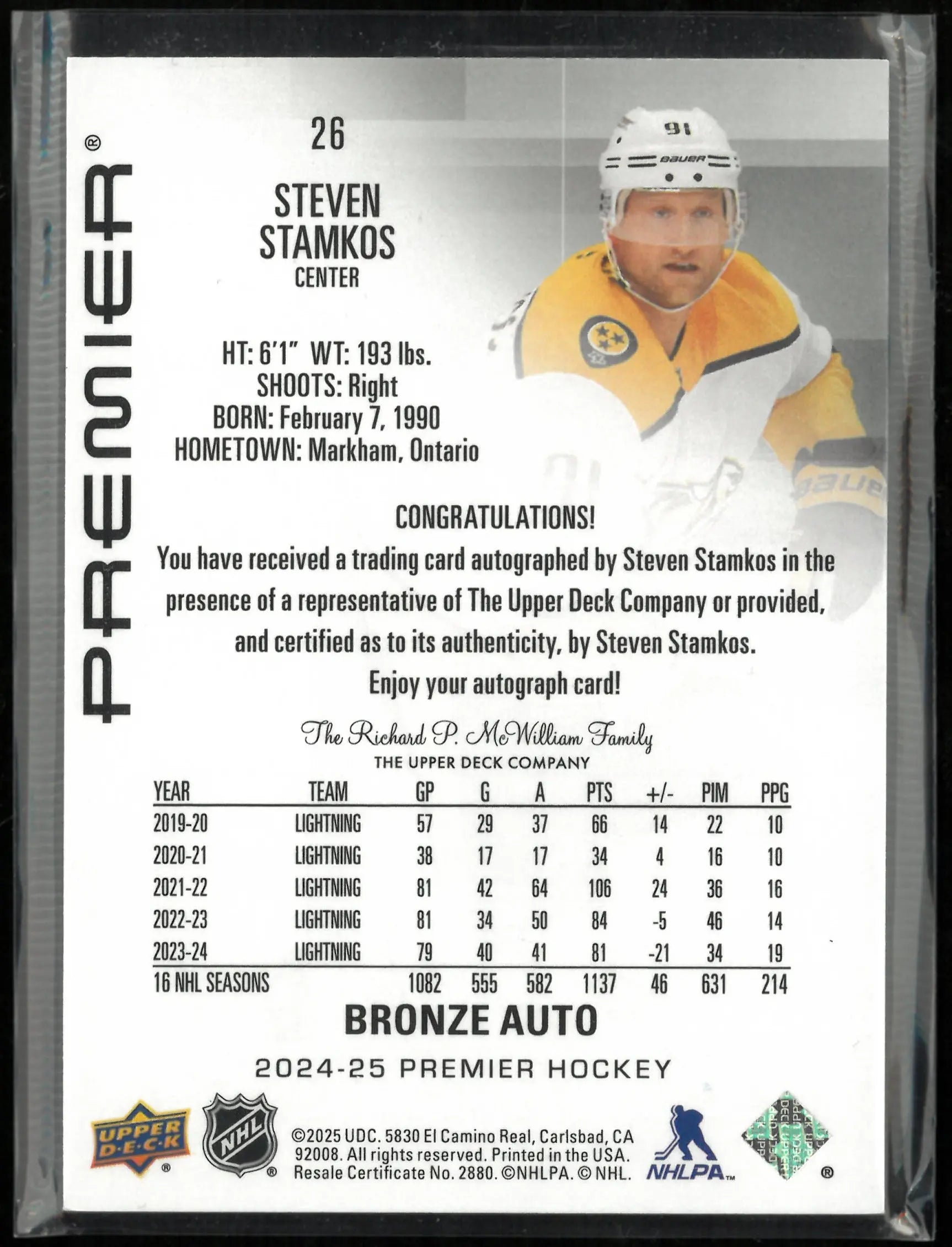 2024-25 Upper Deck Premier Bronze Auto Steven Stamkos Autograph 