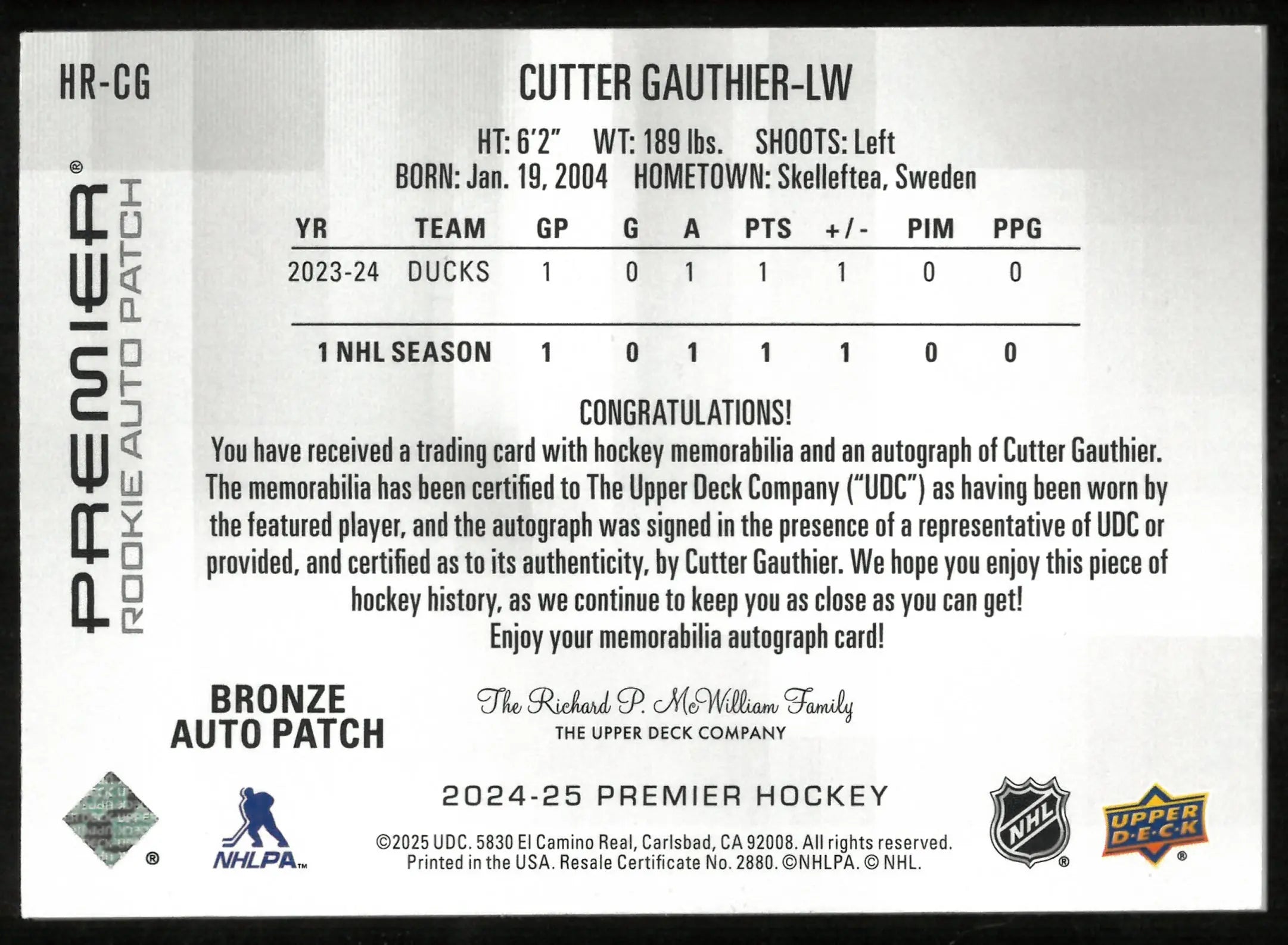 2024-25 Upper Deck Premier Bronze Rookie Patch Auto Cutter Gauthier /49 
