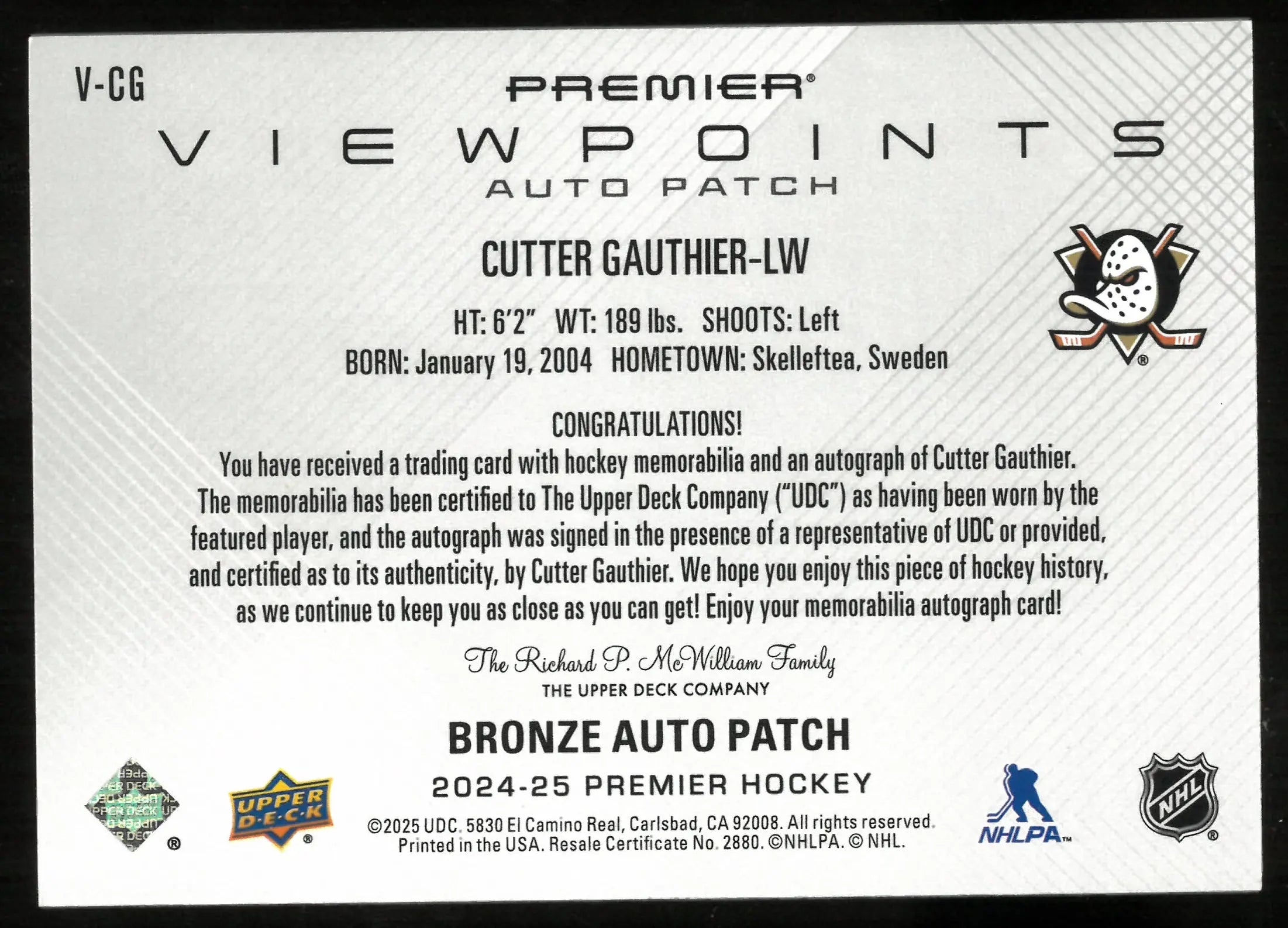 2024-25 Upper Deck Premier Bronze Viewpoints Rookie Patch Auto Cutter Gauthier /99 