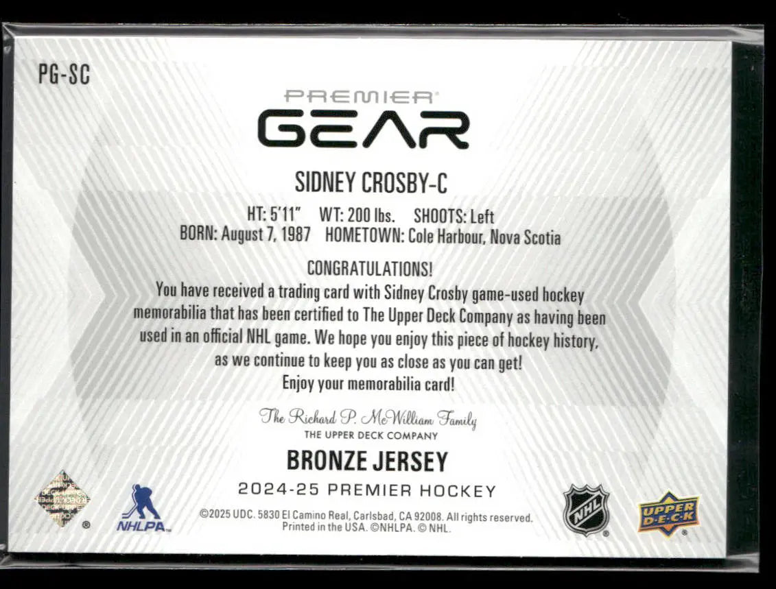 2024-25 Upper Deck Premier Gear Bronze Jersey Sidney Crosby /49 