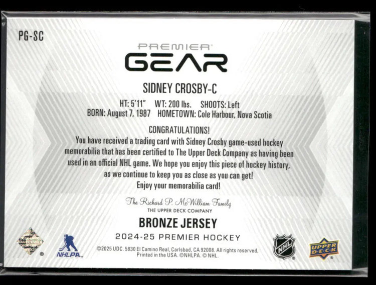 2024-25 Upper Deck Premier Gear Bronze Jersey Sidney Crosby /49 