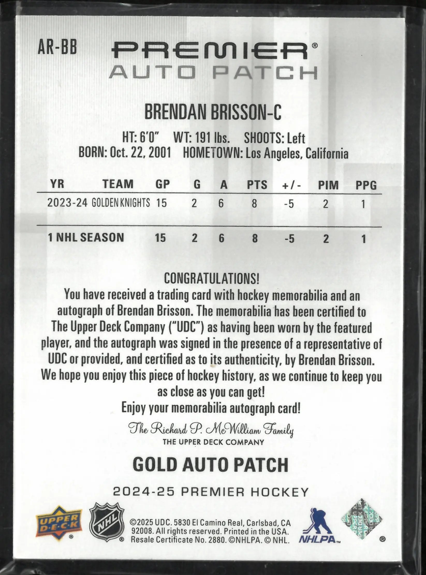 2024-25 Upper Deck Premier Gold Rookie Auto Patch Brendan Brisson /65 