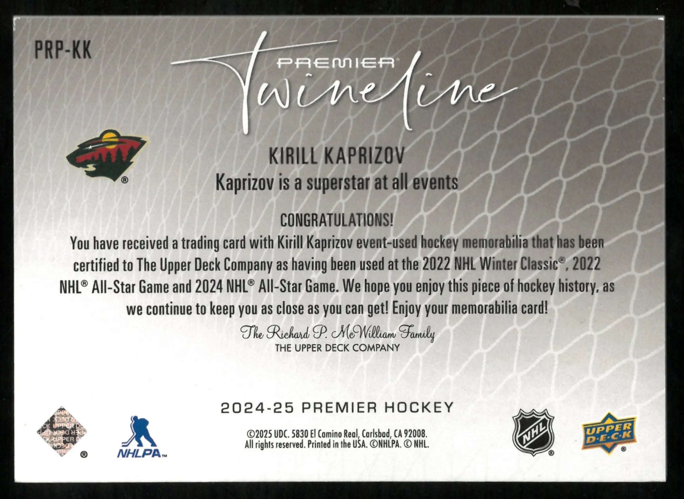 2024-25 Upper Deck Premier Hockey Twineline Kirill Kaprizov /25 