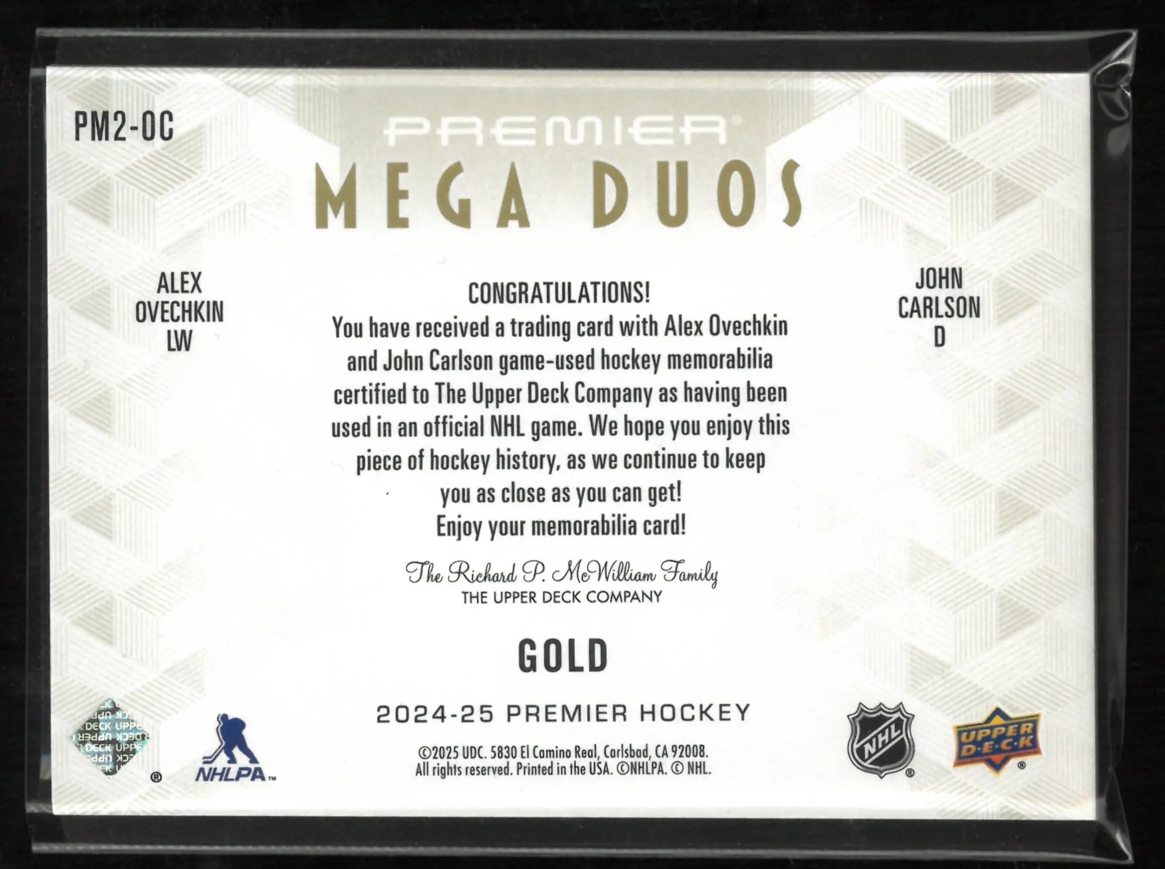 2024-25 Upper Deck Premier Mega Duos Alex Ovechkin/Josh Carlson Gold Patch 