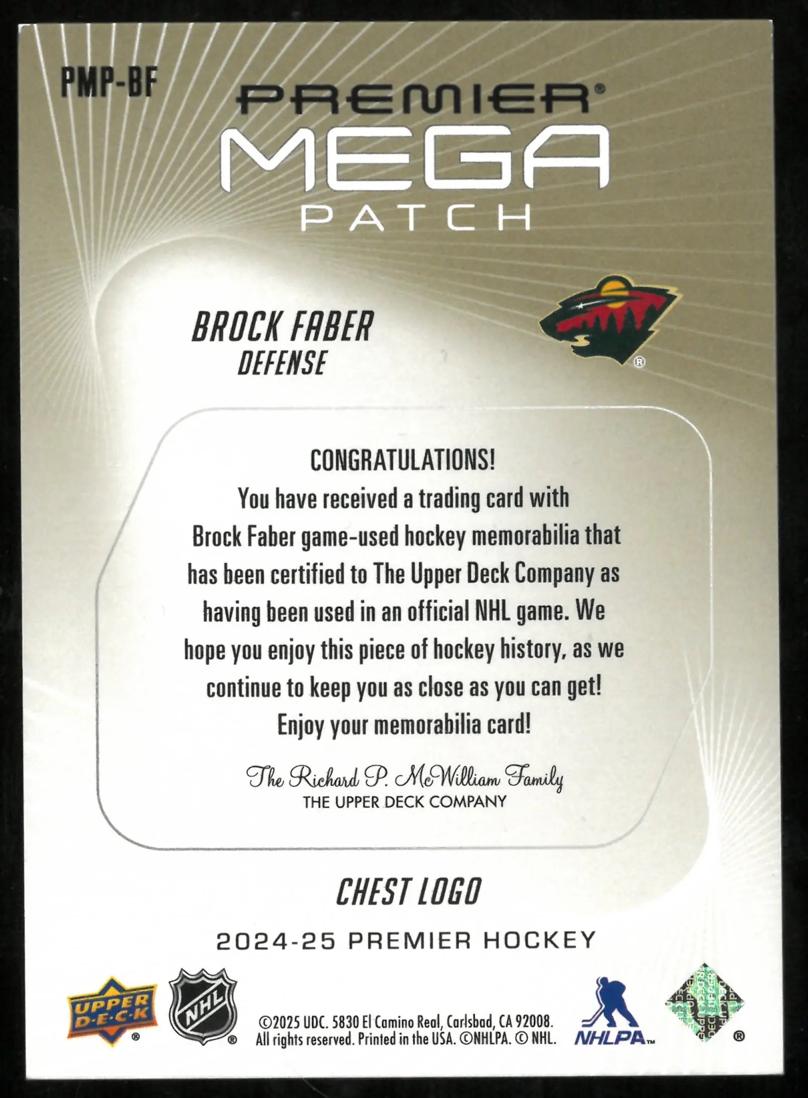 2024-25 Upper Deck Premier Mega Patch Brock Faber /21 