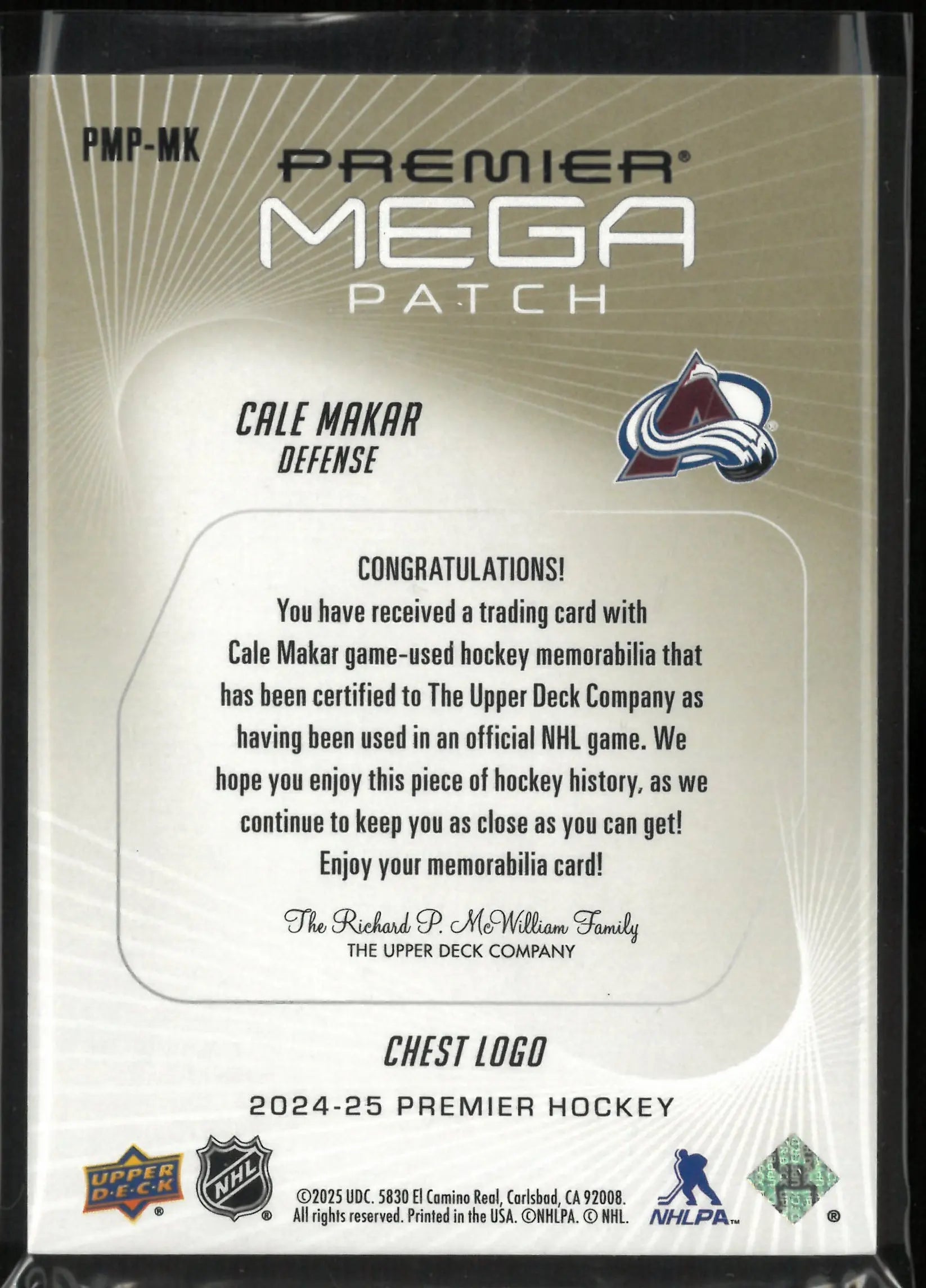 2024-25 Upper Deck Premier Mega Patch Cale Makar /31 