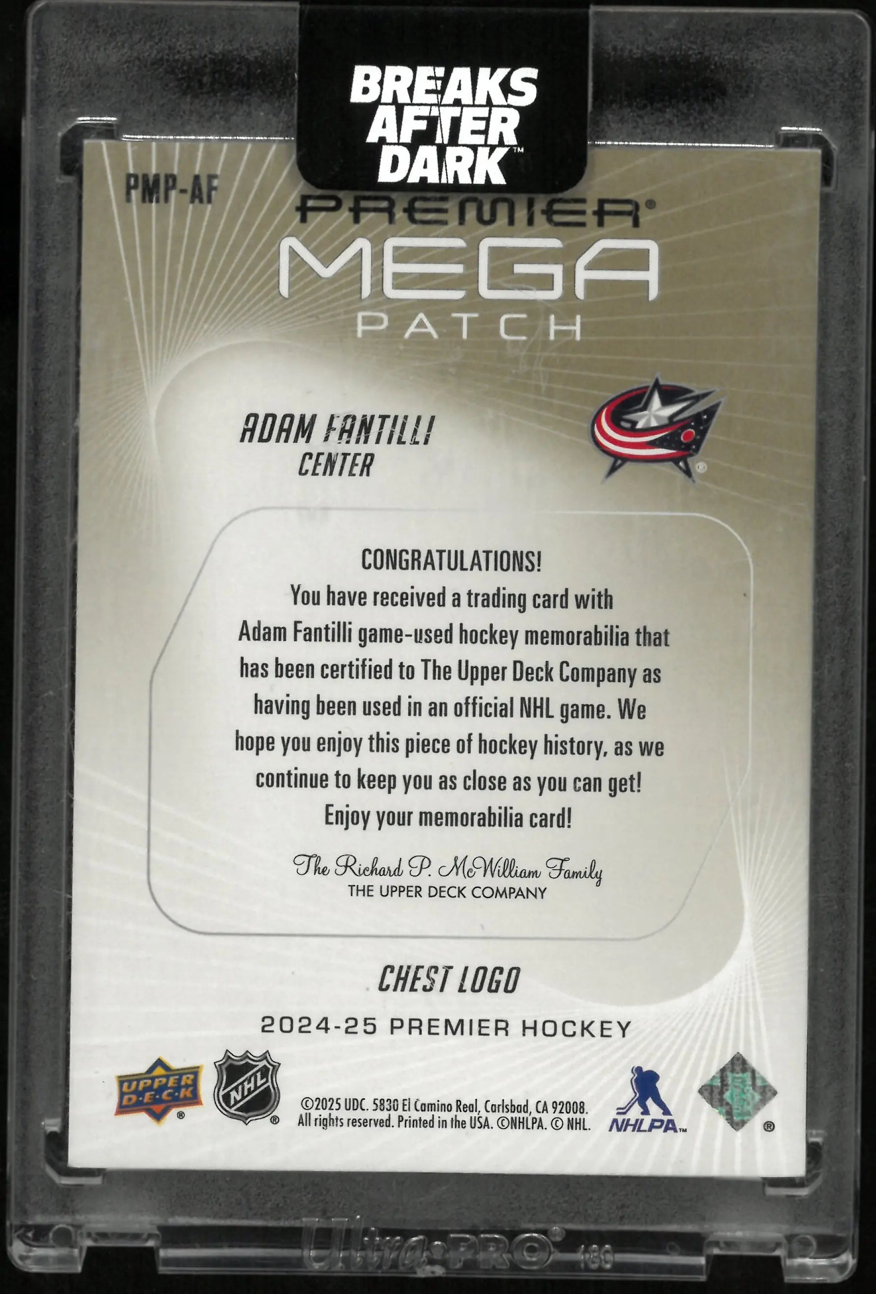 2024-25 Upper Deck Premier Mega Patch Chest Logo Adam Fantilli /24 