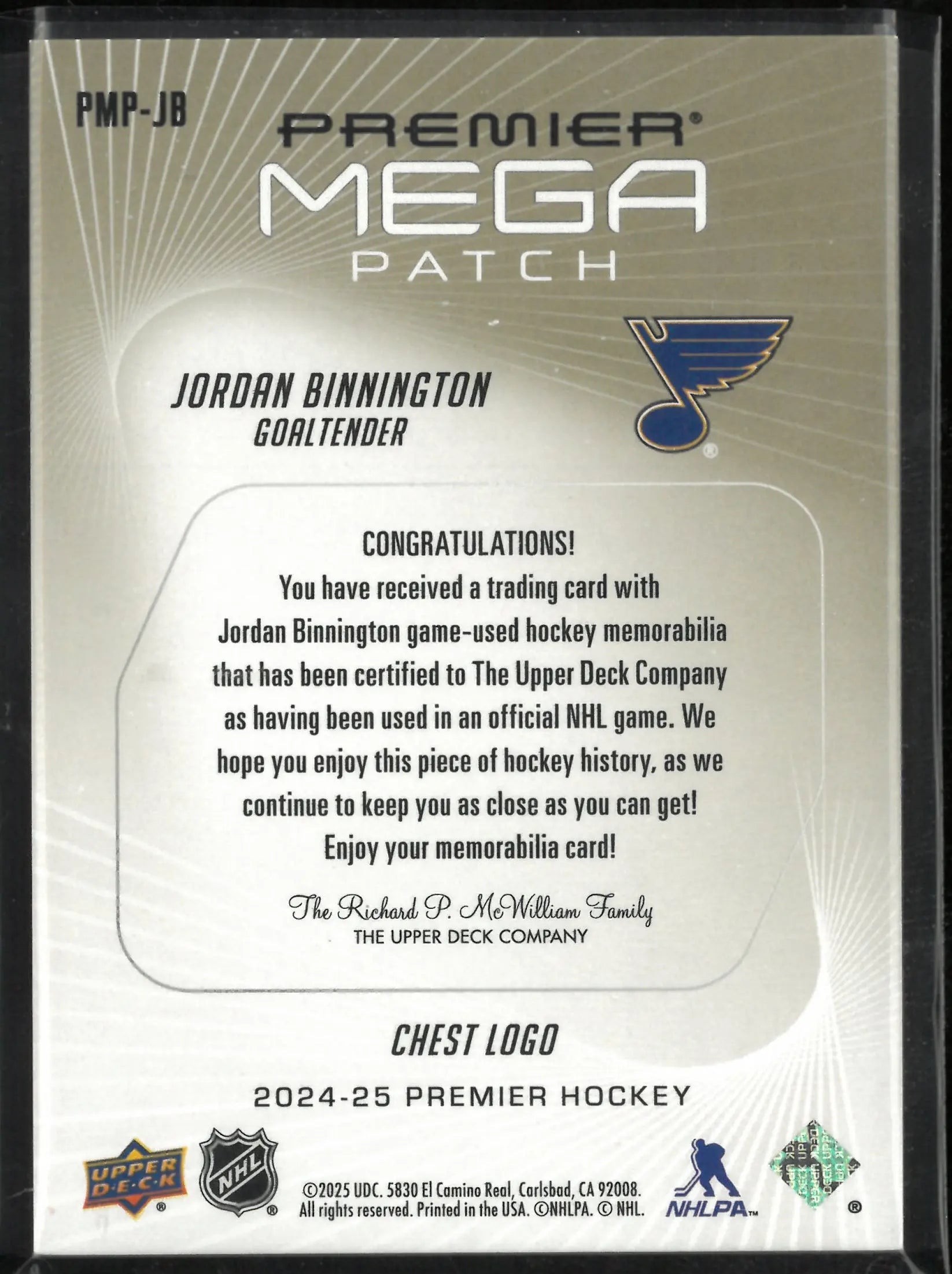 2024-25 Upper Deck Premier Mega Patch Chest Logo Jordan Binnington /18 