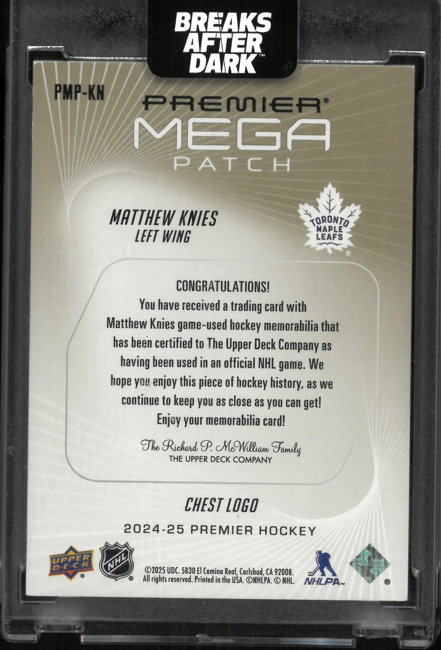 2024-25 Upper Deck Premier Mega Patch Chest Logo Matthew Knies /24 