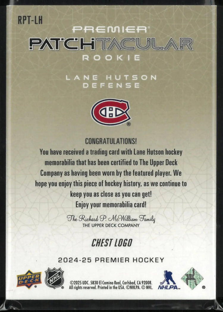 2024-25 Upper Deck Premier Patchtacular Chest Logo Rookie Lane Hutson RC 