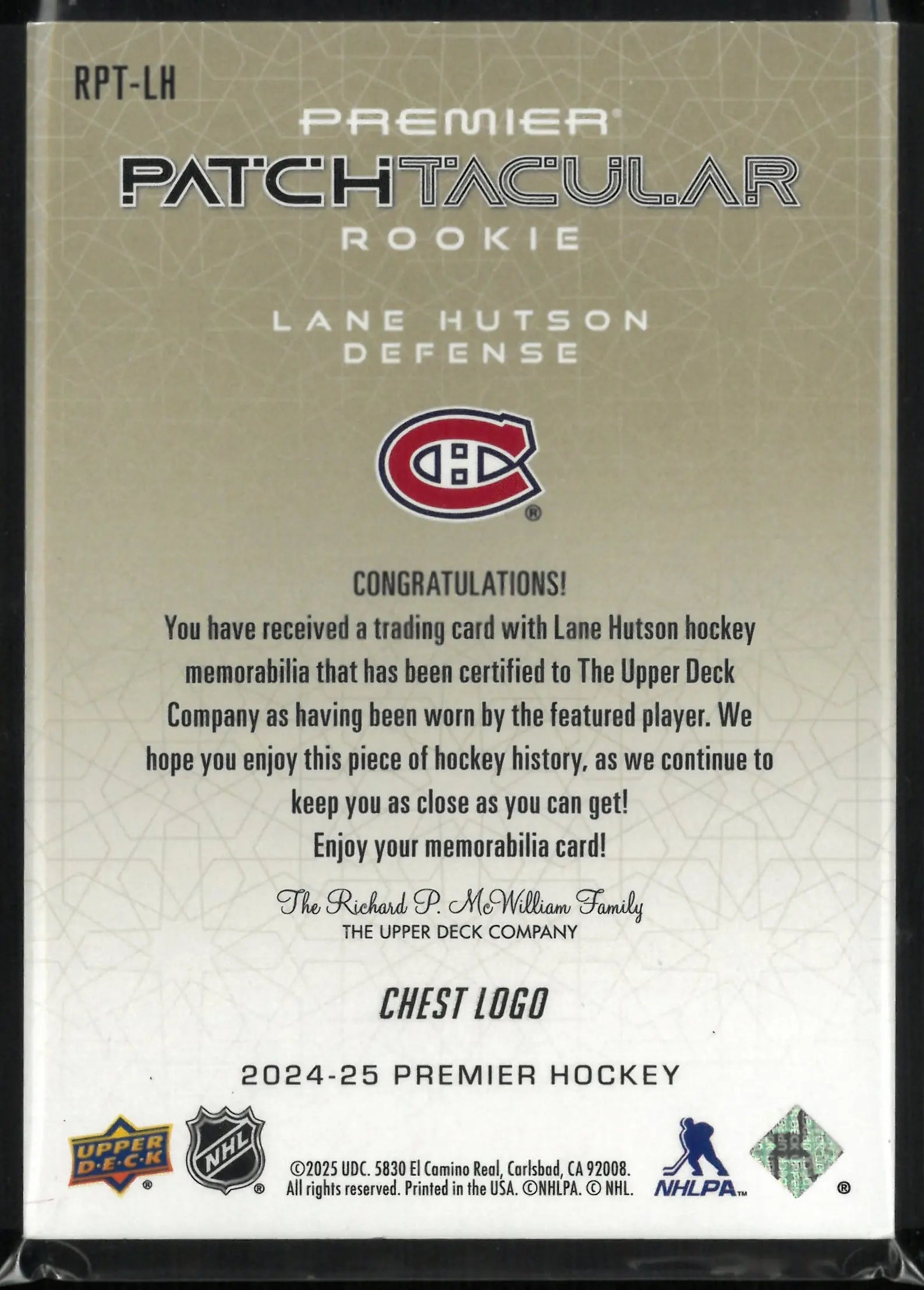 2024-25 Upper Deck Premier Patchtacular Chest Logo Rookie Lane Hutson RC 