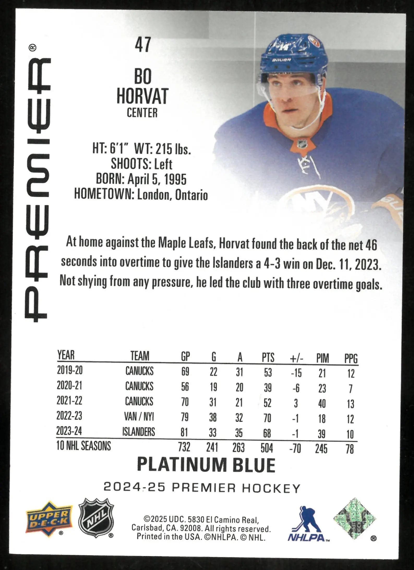 2024-25 Upper Deck Premier Platinum Blue Bo Horvat 1/1 /1 