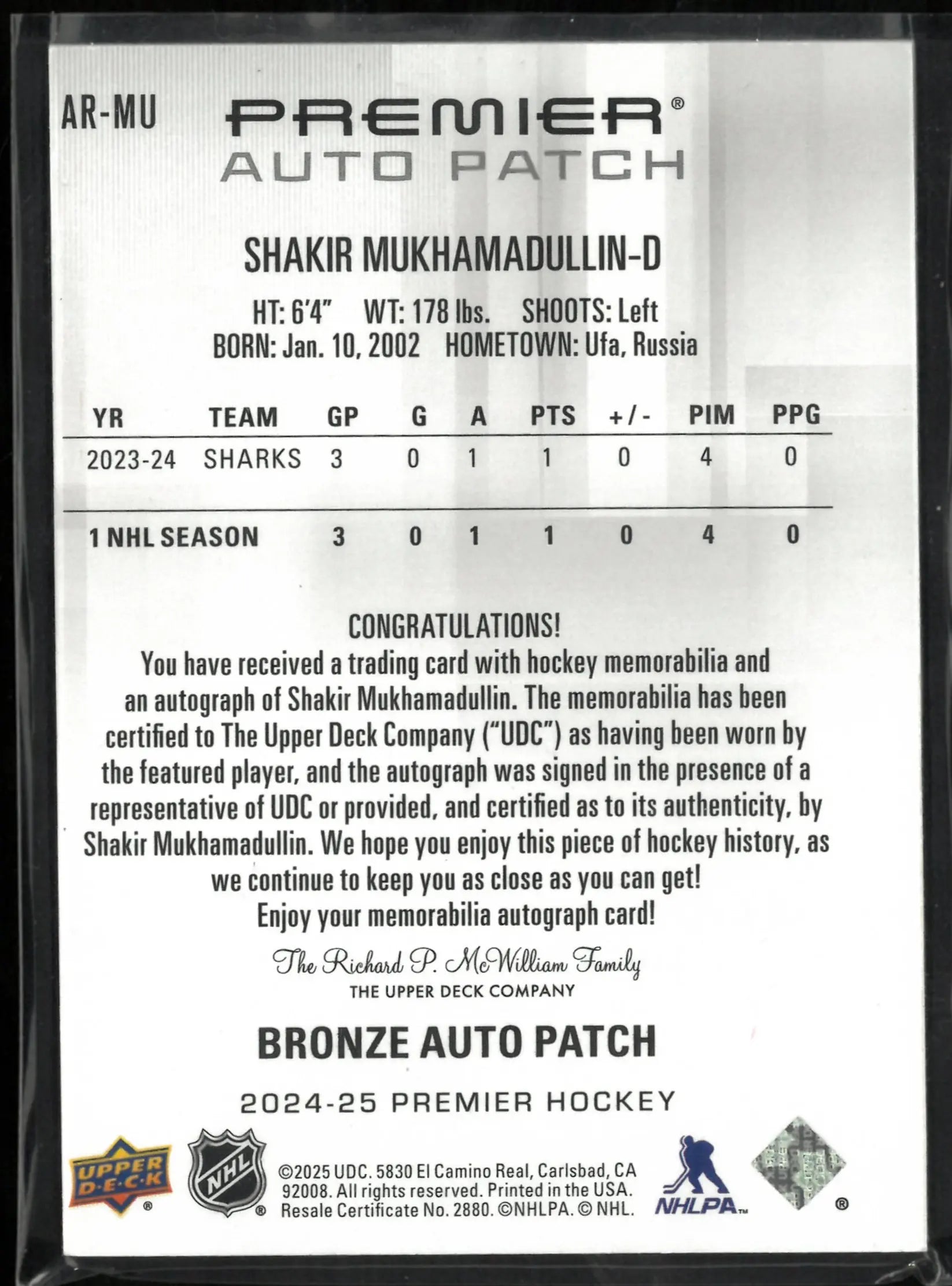 2024-25 Upper Deck Premier Rookie Auto Patch Shakir Mukhamadullin /249 