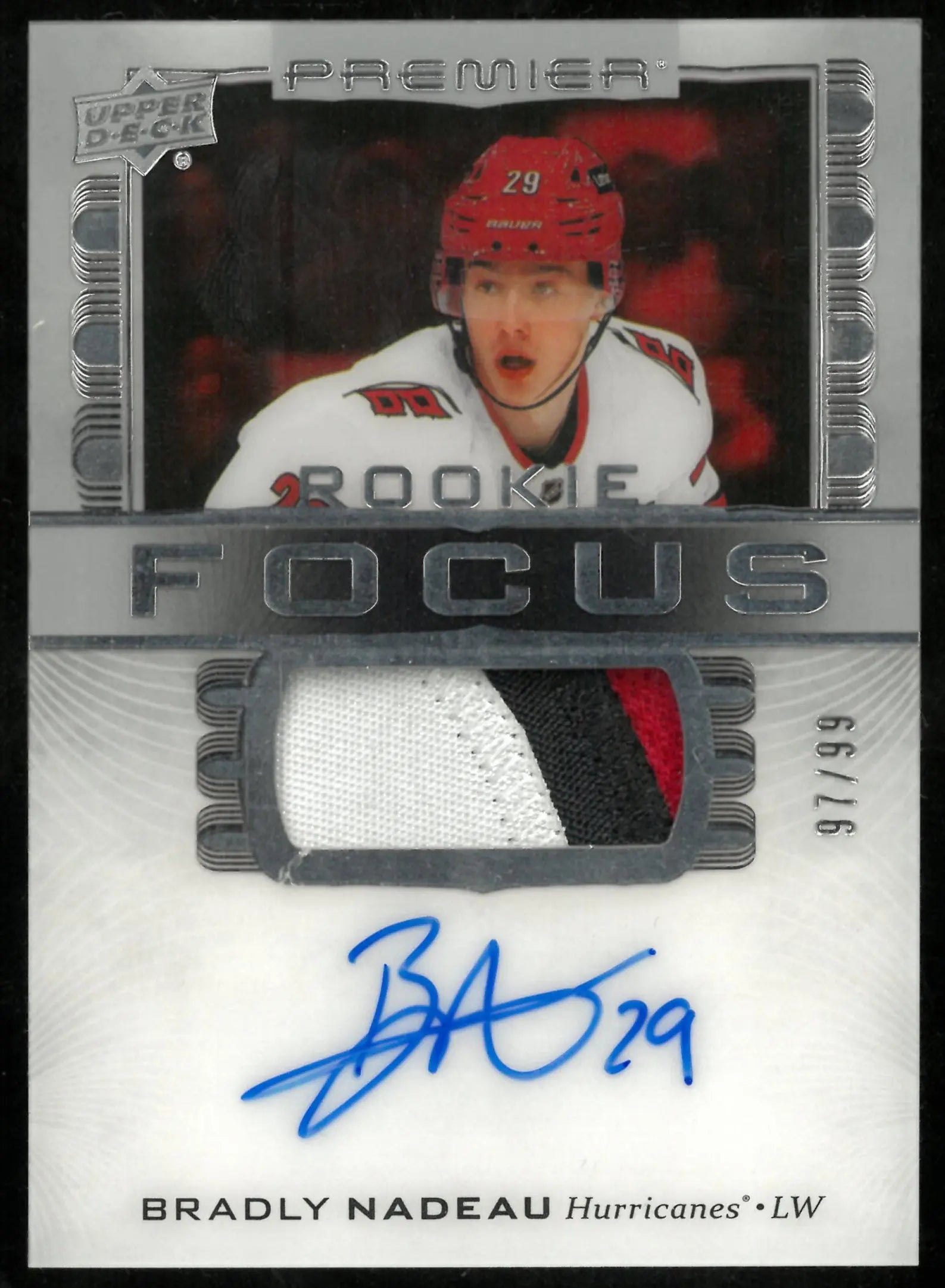 2024-25 Upper Deck Premier Rookie Focus Patch Auto Bradly Nadeau /99 