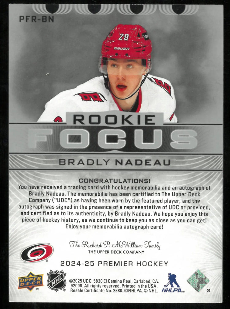 2024-25 Upper Deck Premier Rookie Focus Patch Auto Bradly Nadeau /99 