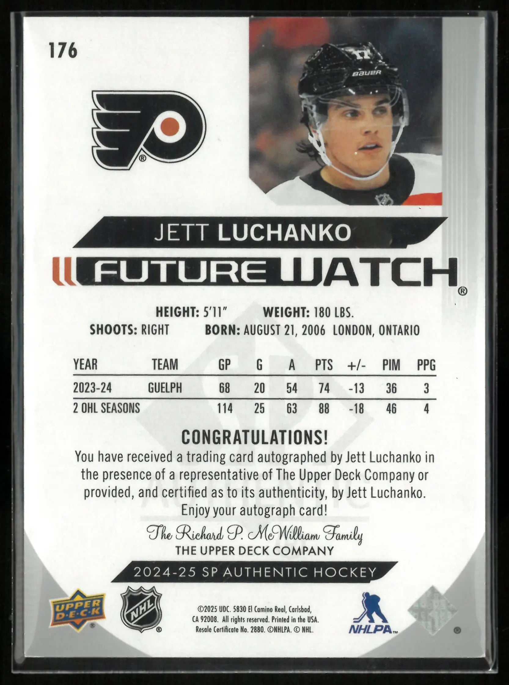 2024-25 Upper Deck SP Authentic Future Watch Jett Luchanko Autograph Rookie RC /999 
