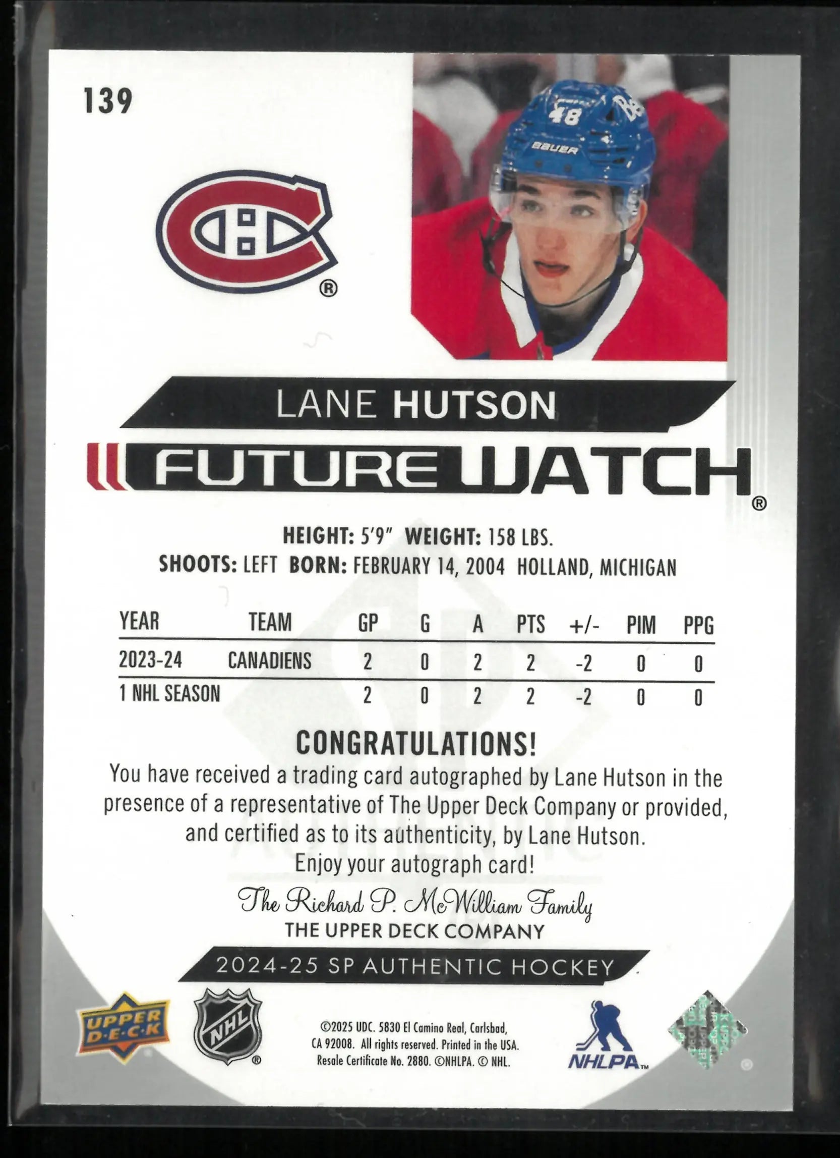 2024-25 Upper Deck SP Authentic Future Watch Lane Hutson Autograph Rookie RC /999 