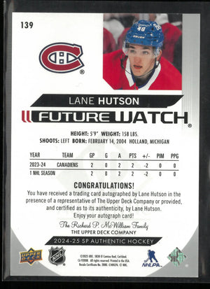 2024-25 Upper Deck SP Authentic Future Watch Lane Hutson Autograph Rookie RC /999 