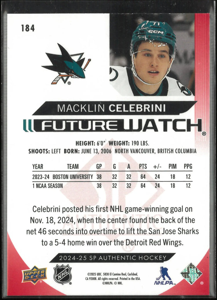 2024-25 Upper Deck SP Authentic Future Watch Limited Rookie Macklin Celebrini RC 