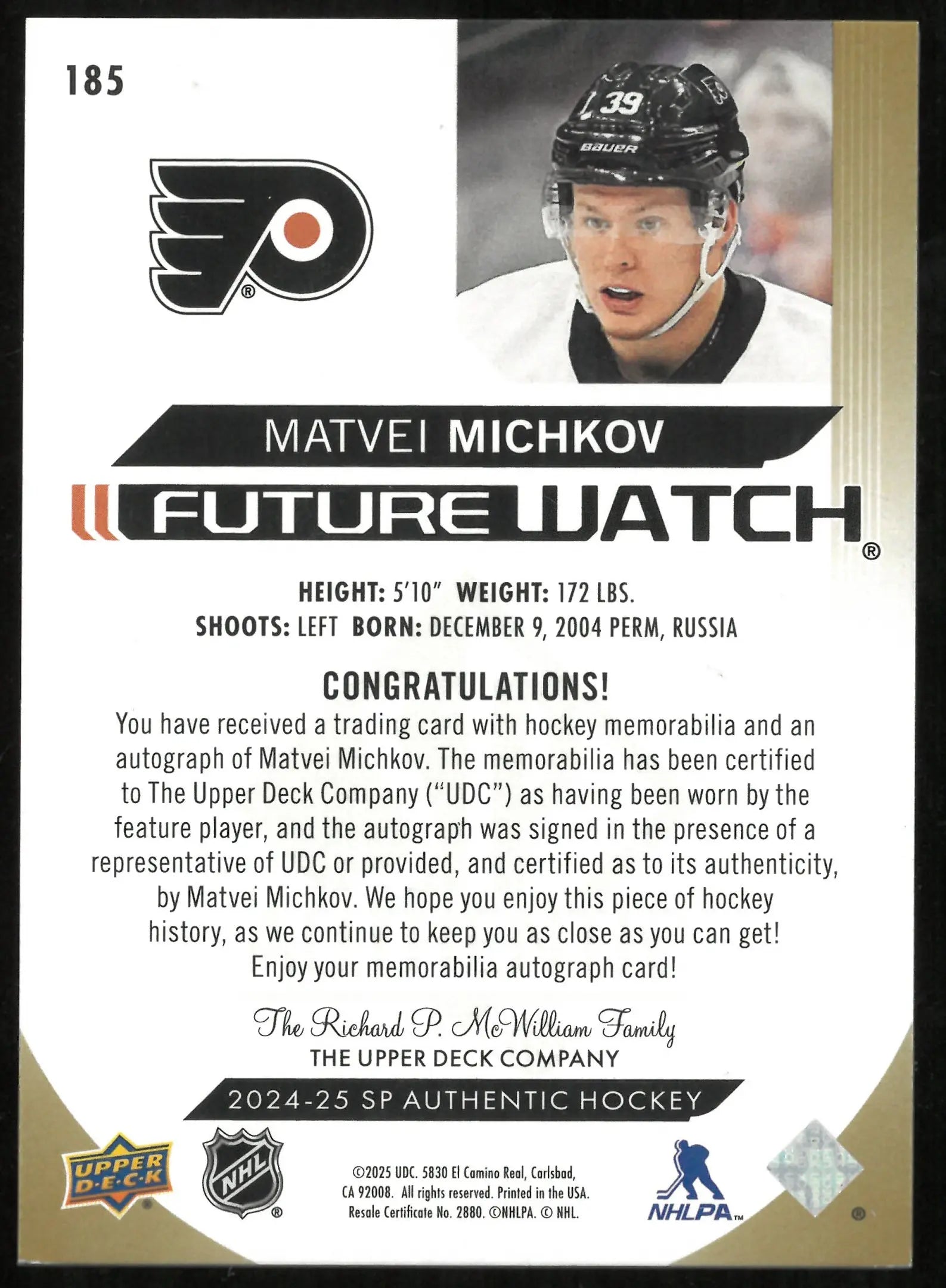 2024-25 Upper Deck SP Authentic Future Watch Matvei Michkov Patch Auto /100 