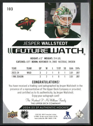 2024-25 Upper Deck SP Authentic Future Watch Rookie Auto Jesper Wallstedt /999 
