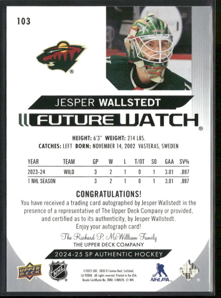 2024-25 Upper Deck SP Authentic Future Watch Rookie Auto Jesper Wallstedt /999 