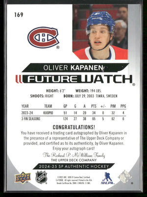 2024-25 Upper Deck SP Authentic Hockey Future Watch Rookie Auto Oliver Kapanen /999 