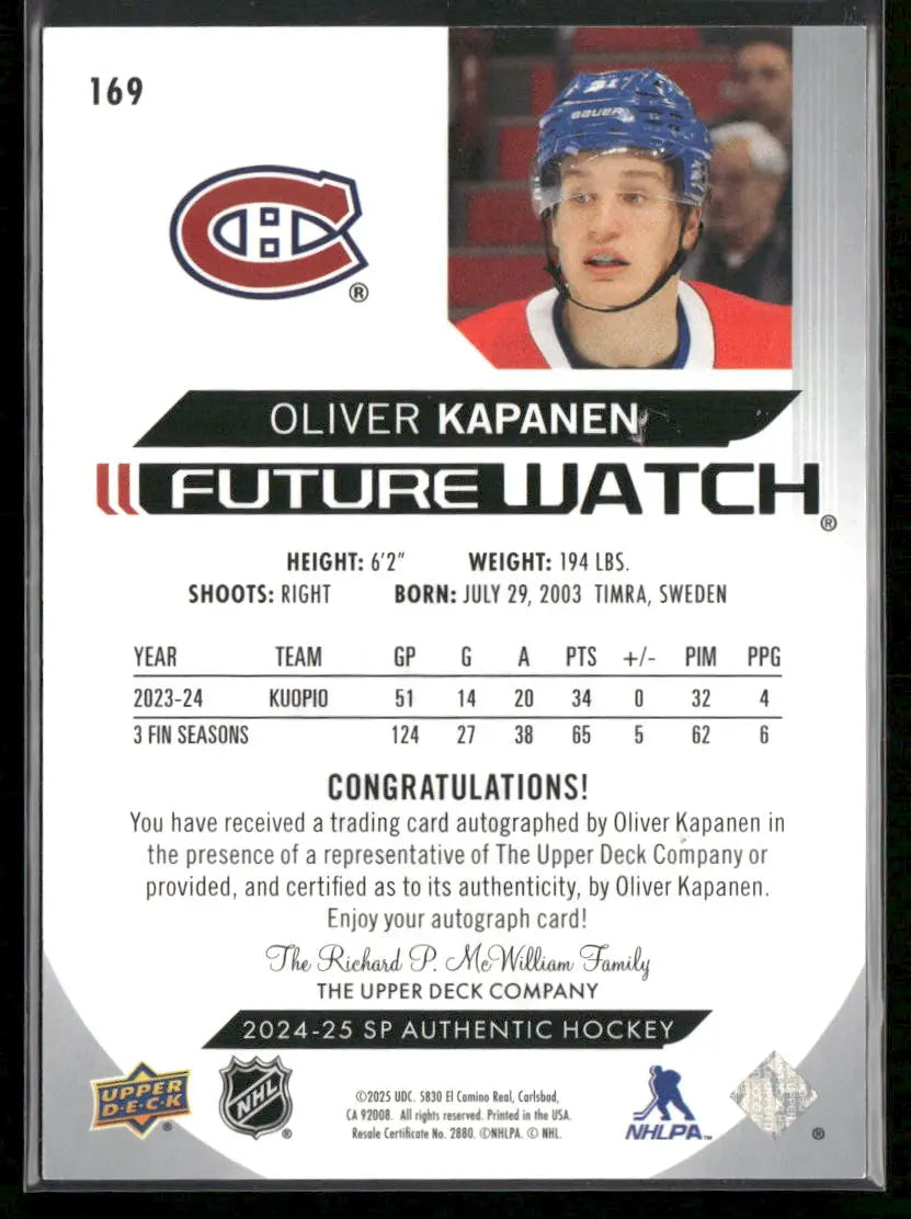 2024-25 Upper Deck SP Authentic Hockey Future Watch Rookie Auto Oliver Kapanen /999 
