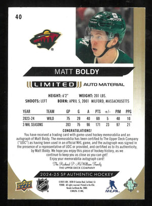 2024-25 Upper Deck SP Authentic Matt Boldy Limited Auto Material Patch 50/50 