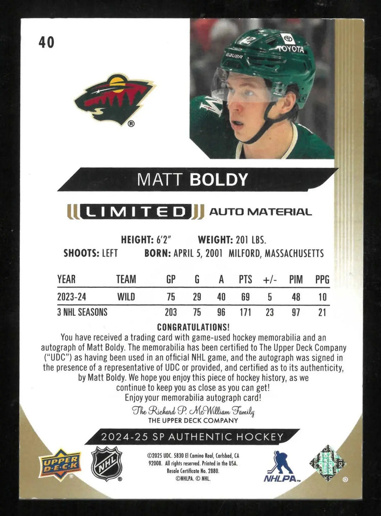 2024-25 Upper Deck SP Authentic Matt Boldy Limited Auto Material Patch 50/50 