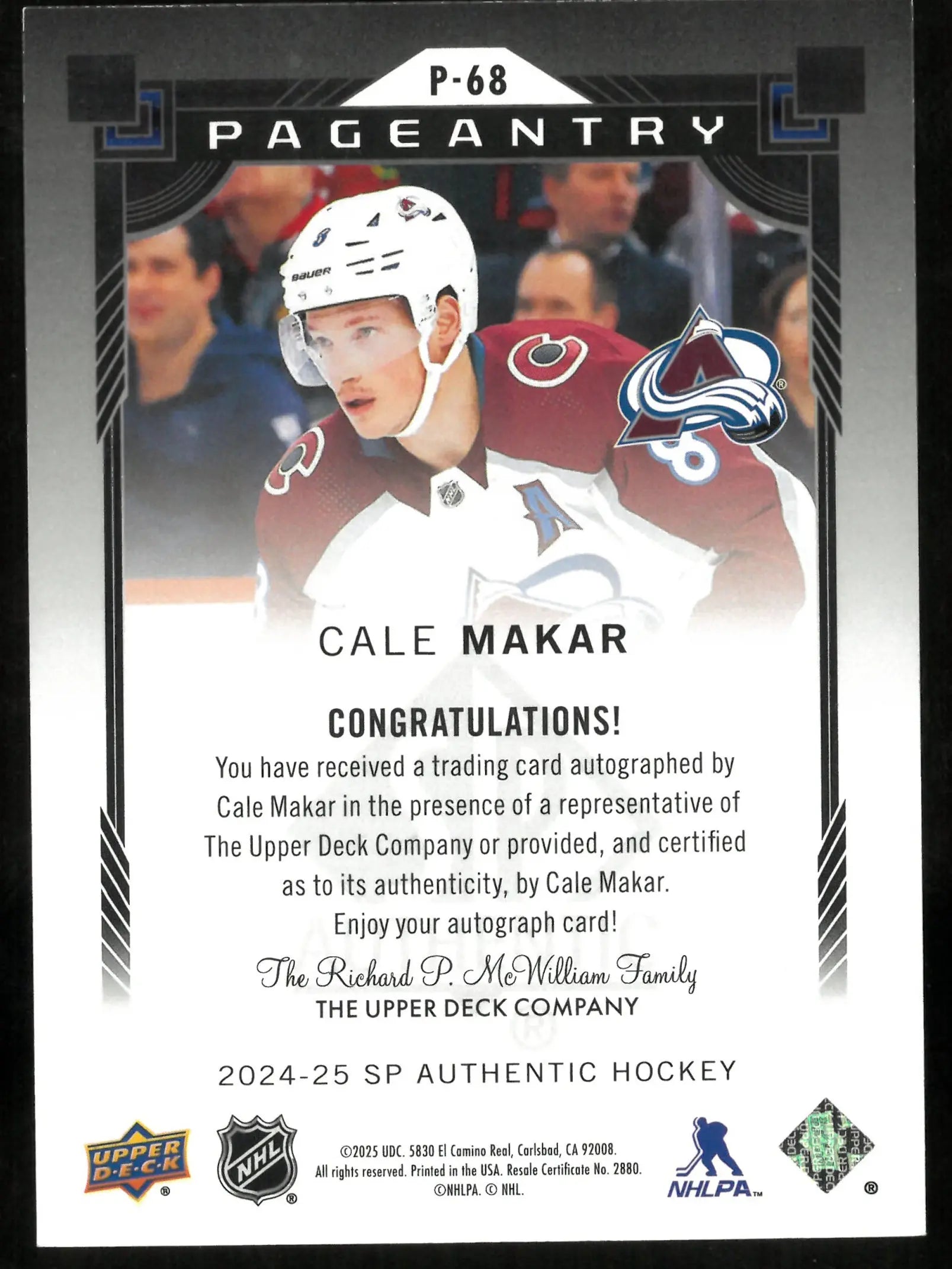 2024-25 Upper Deck SP Authentic Pageantry Auto Cale Makar 