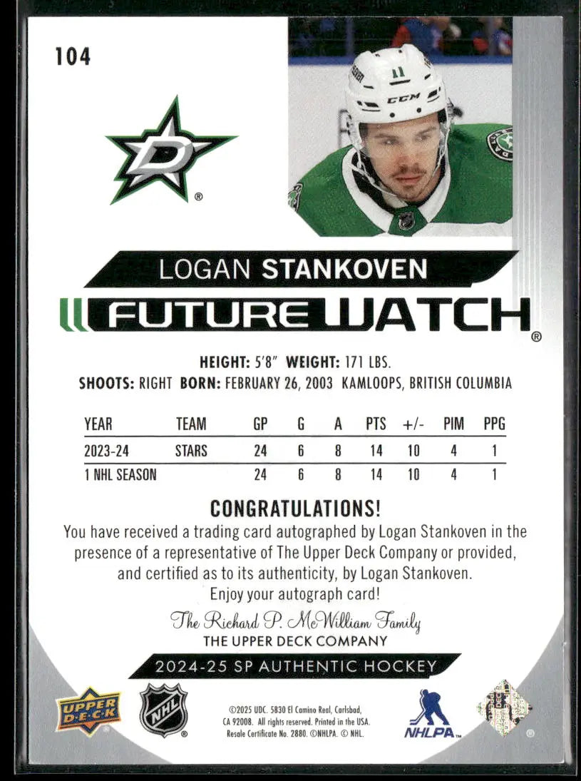 2024-25 Upper Deck SP Authentic Rookie Future Watch Auto Logan Stankoven /999 