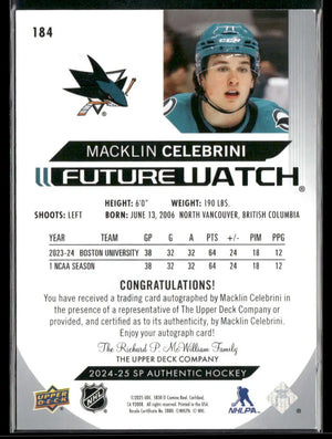 2024-25 Upper Deck SP Authentic Rookie Future Watch Auto Macklin Celebrini /999 