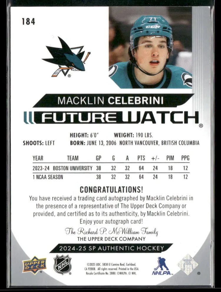 2024-25 Upper Deck SP Authentic Rookie Future Watch Auto Macklin Celebrini /999 