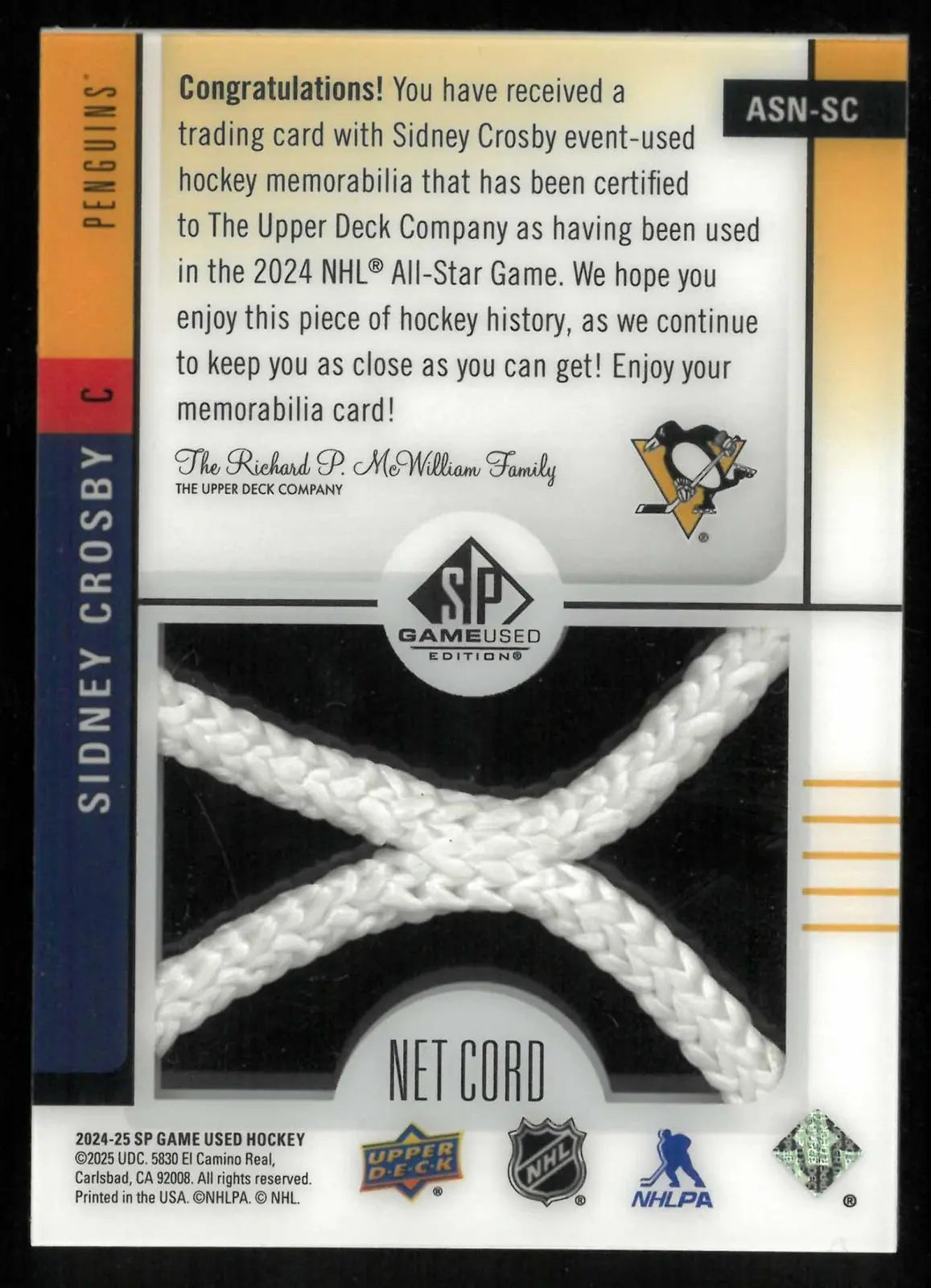 2024-25 Upper Deck SP Game Used All Star Net Cord Sidney Crosby /35 