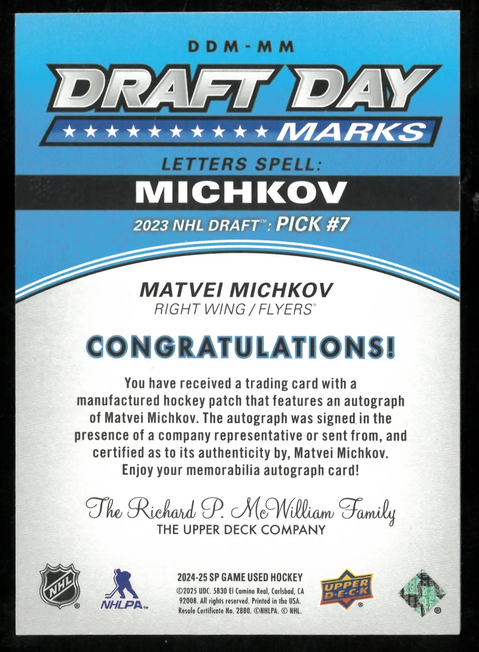 2024-25 Upper Deck SP Game Used Draft Day Marks Rookie Patch Auto Matvei Michkov /35 