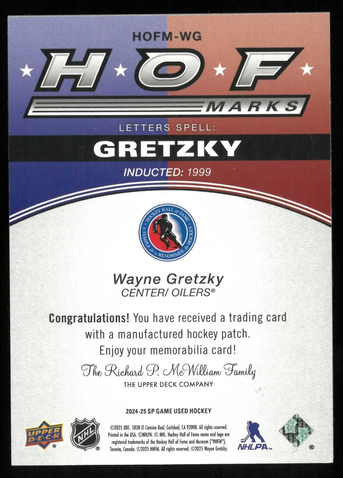 2024-25 Upper Deck SP Game Used HOF Marks Patch Wayne Gretzky /35 