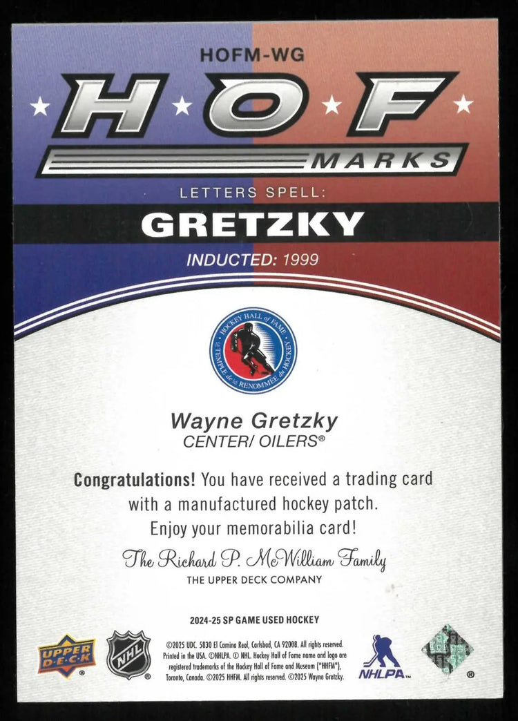 2024-25 Upper Deck SP Game Used HOF Marks Patch Wayne Gretzky /35 