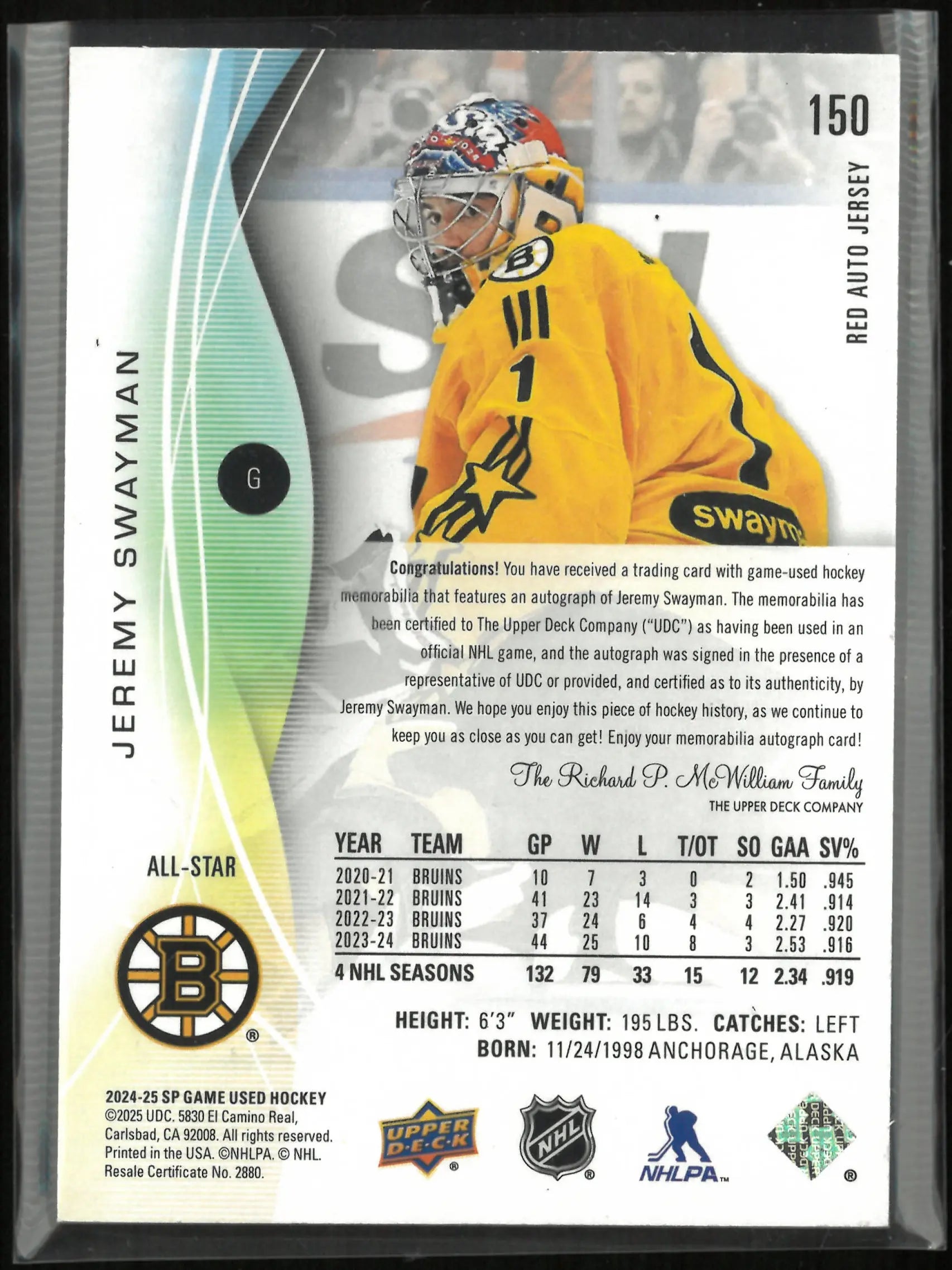2024-25 Upper Deck SP Game Used Red Autograph Jersey Jeremy Swayman Auto /65 